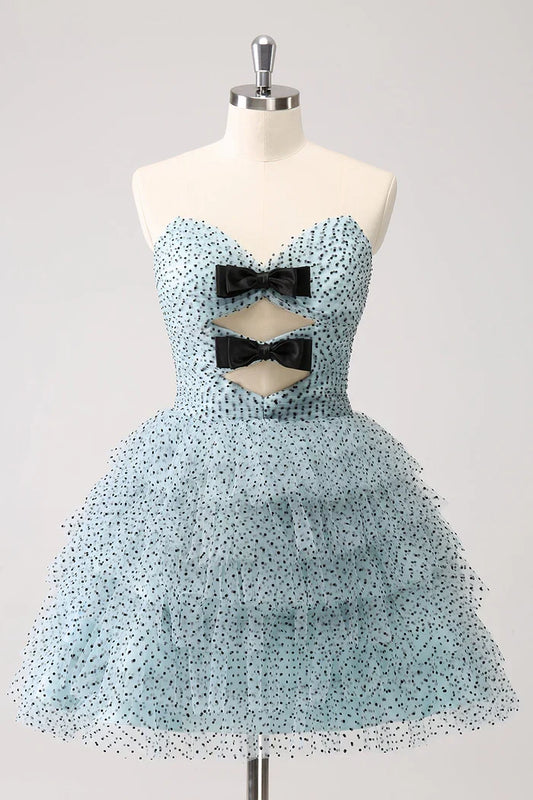 Dress Blue A Line Tiered Dotted Strapless Homecoming Dress Sleeveless Bows Party Dress