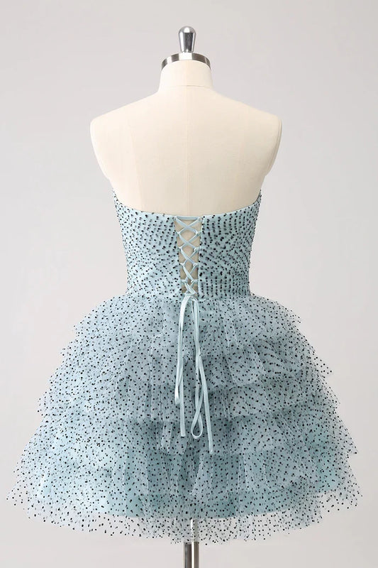 Dress Blue A Line Tiered Dotted Strapless Homecoming Dress Sleeveless Bows Party Dress