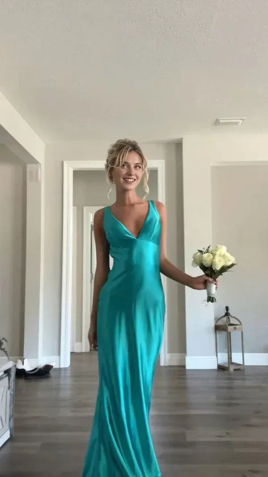 Dress Blue Elegant V Neck Long Satin Ball Gown Evening Dress Wedding Guest Party Dress Prom Dress