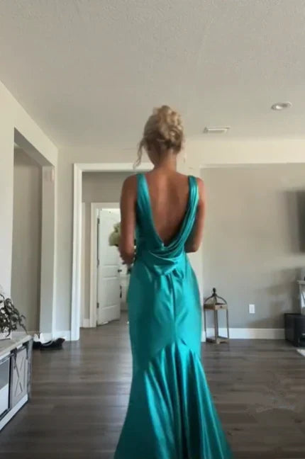 Dress Blue Elegant V Neck Long Satin Ball Gown Evening Dress Wedding Guest Party Dress Prom Dress