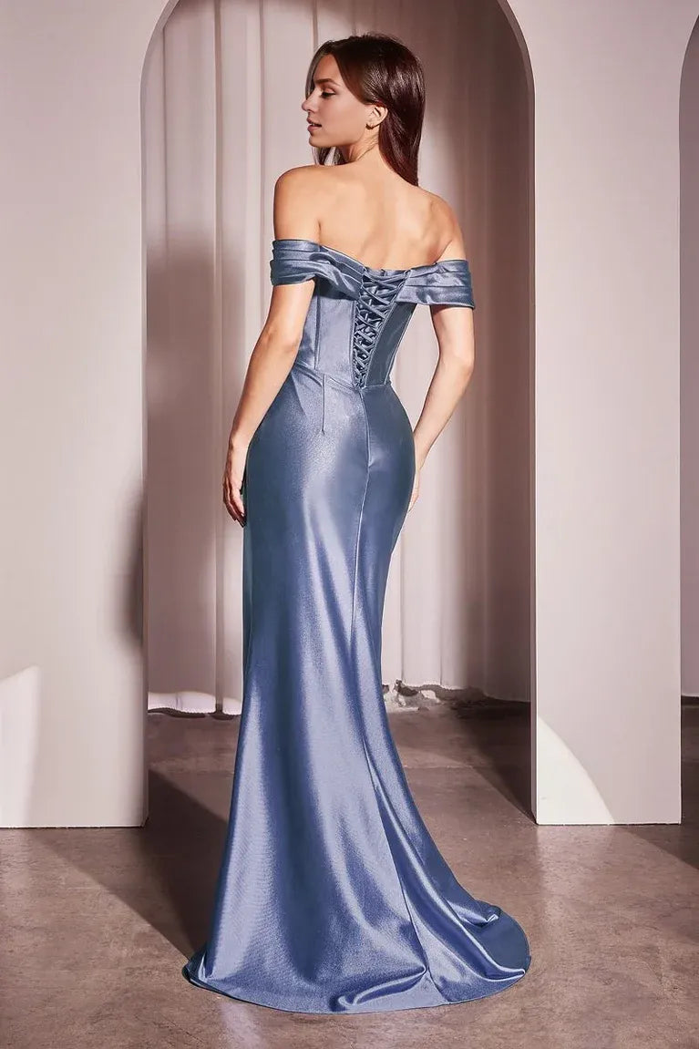 Dress Blue Evening Dress Off Shoulder Fit Corset Bodice Ruched And A Bold High Slit Prom Dress