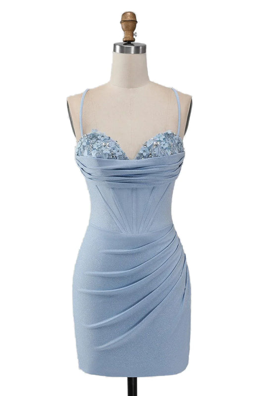 Dress Blue Floral Neck Ruched Bodycon Short Dress