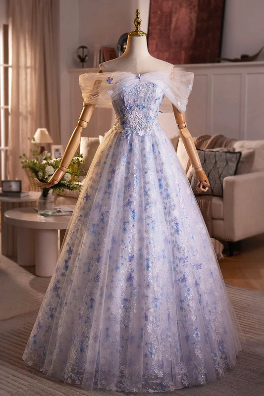 Dress Blue Flower Fairy Tulle Long Evening Dress Beautiful Off the Shoulder Lace-Up Prom Dress