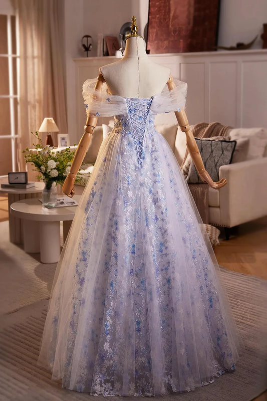Dress Blue Flower Fairy Tulle Long Evening Dress Beautiful Off the Shoulder Lace-Up Prom Dress