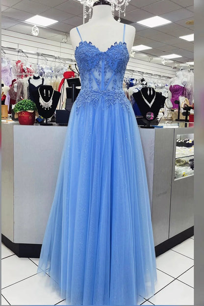 Dress Blue Lace Appliques A-line Long Formal Gown Prom Dress