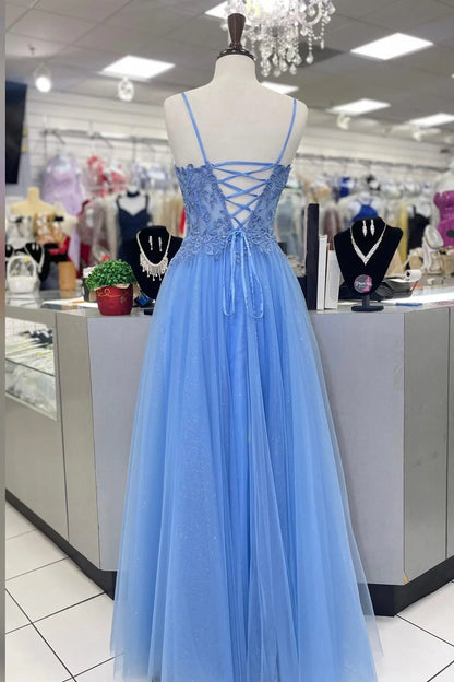 Dress Blue Lace Appliques A-line Long Formal Gown Prom Dress
