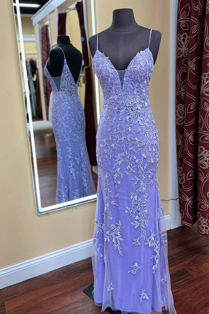 Dress Blue Lace Appliques Mermaid Spaghetti Straps Formal Dress Maxi Dress Prom Dress