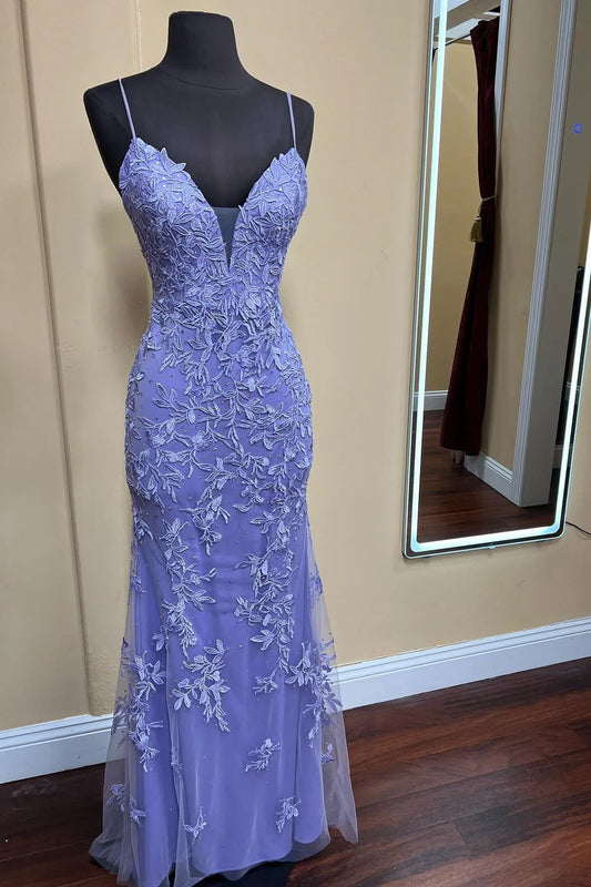 Dress Blue Lace Appliques Mermaid Spaghetti Straps Formal Dress Maxi Dress Prom Dress