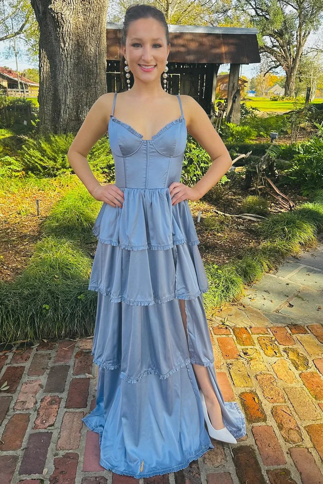 Dress Blue Layered A-line Party Dress With Slit Maxi Dress Prom Dress