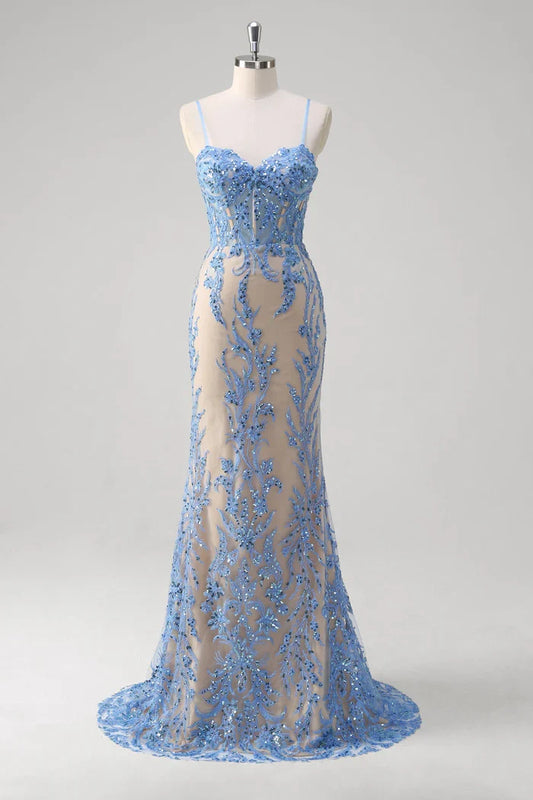 Dress Blue Mermaid Corset Spaghetti Straps Maxi Dress Prom Dress Formal Dress With Sequins Evening Dress