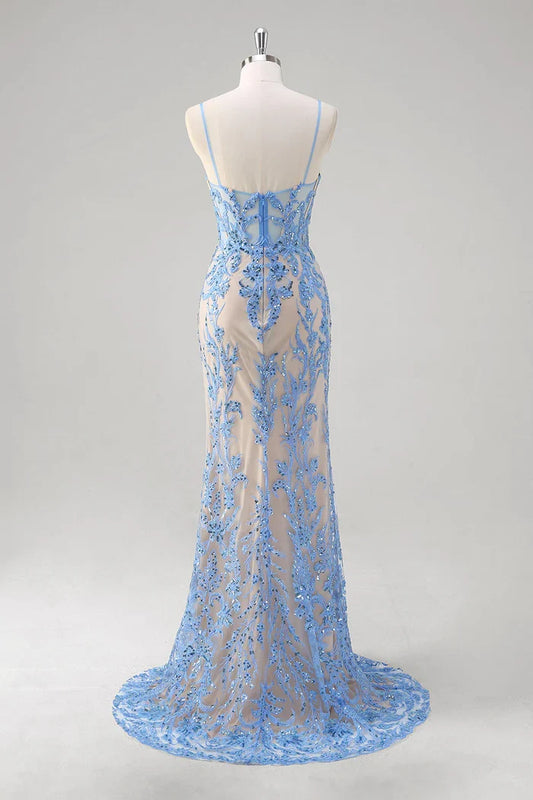 Dress Blue Mermaid Corset Spaghetti Straps Maxi Dress Prom Dress Formal Dress With Sequins Evening Dress