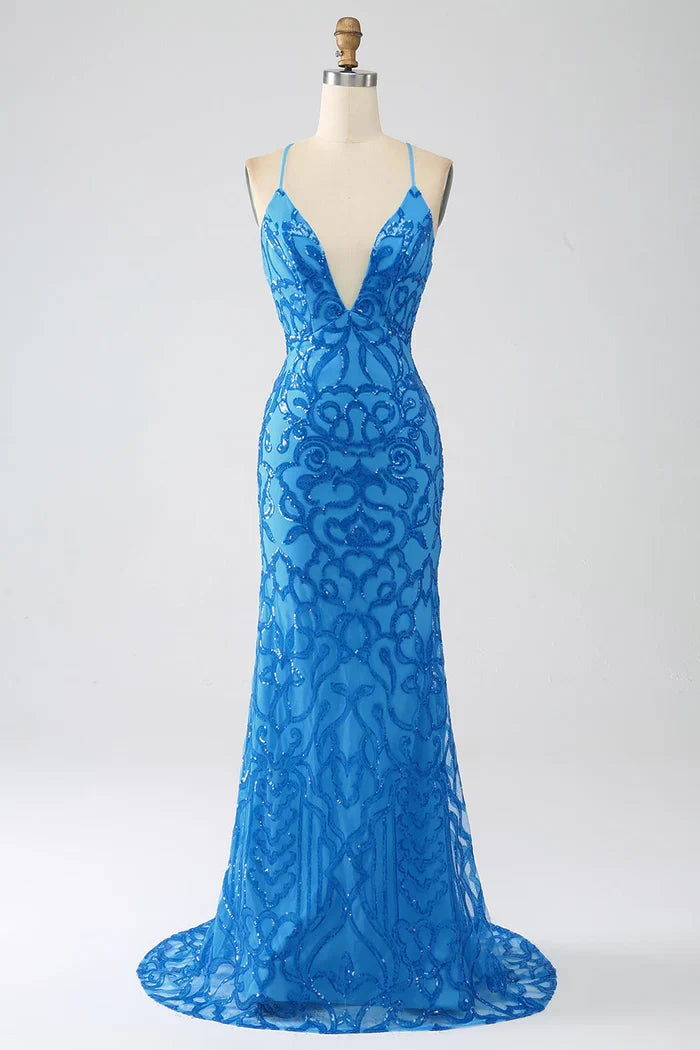 Dress Blue Mermaid Spaghetti Straps V Neck Party Dress Sleeveless Maxi Dress With Sequins Prom Dress