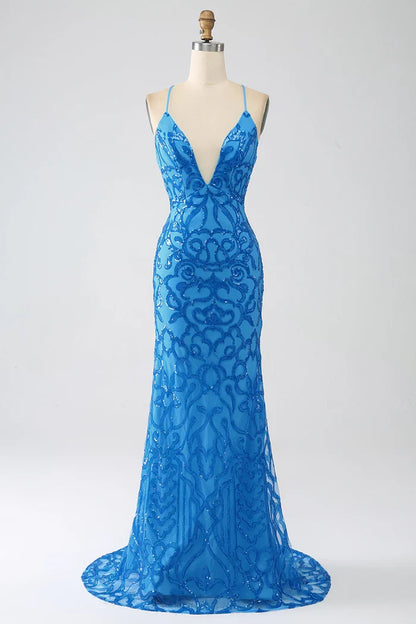 Dress Blue Mermaid Spaghetti Straps V Neck Party Dress Sleeveless Maxi Dress With Sequins Prom Dress