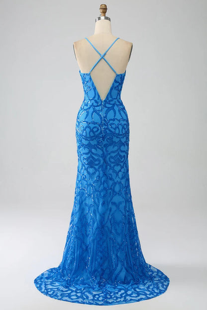 Dress Blue Mermaid Spaghetti Straps V Neck Party Dress Sleeveless Maxi Dress With Sequins Prom Dress