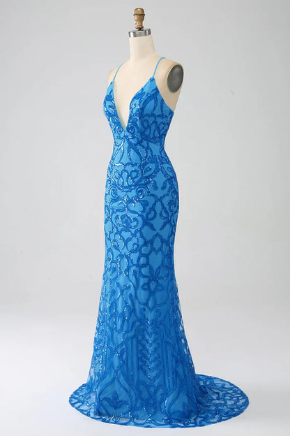 Dress Blue Mermaid Spaghetti Straps V Neck Party Dress Sleeveless Maxi Dress With Sequins Prom Dress