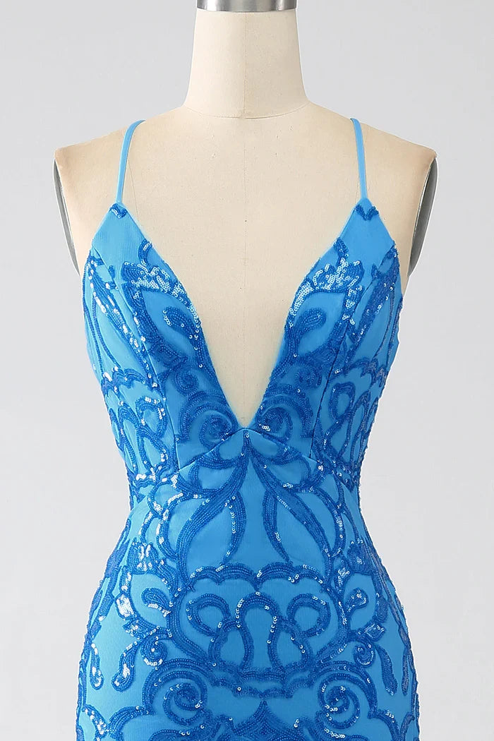 Dress Blue Mermaid Spaghetti Straps V Neck Party Dress Sleeveless Maxi Dress With Sequins Prom Dress