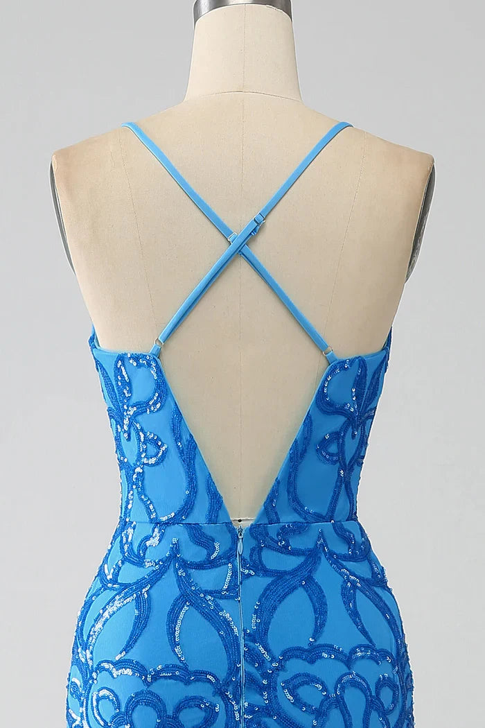 Dress Blue Mermaid Spaghetti Straps V Neck Party Dress Sleeveless Maxi Dress With Sequins Prom Dress