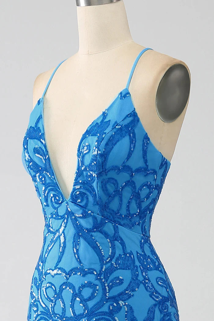 Dress Blue Mermaid Spaghetti Straps V Neck Party Dress Sleeveless Maxi Dress With Sequins Prom Dress