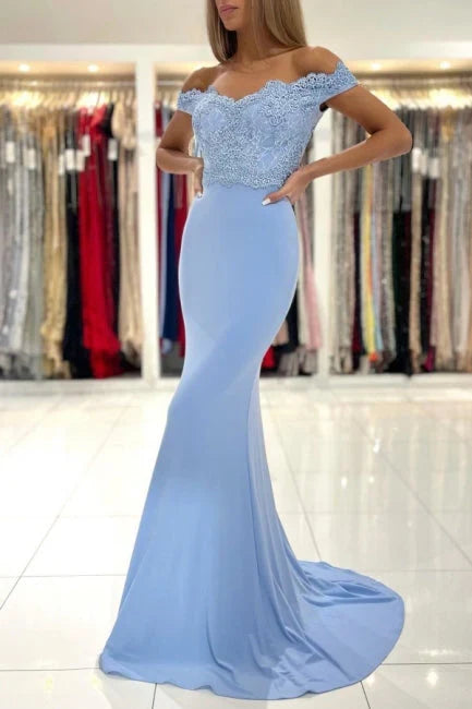 Dress Blue Off-the-shoulder Long Mermaid Prom Dresses With Lace