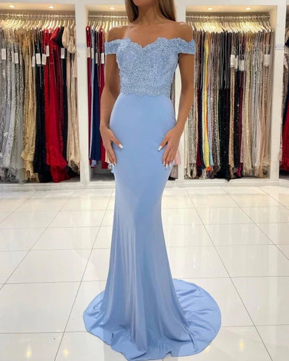 Dress Blue Off-the-shoulder Long Mermaid Prom Dresses With Lace