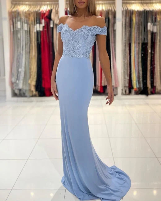 Dress Blue Off-the-shoulder Long Mermaid Prom Dresses With Lace