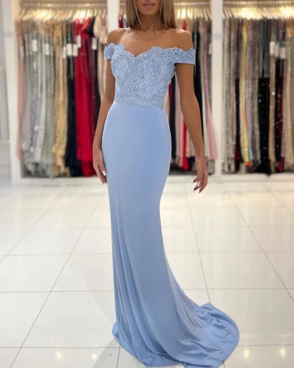 Dress Blue Off-the-shoulder Long Mermaid Prom Dresses With Lace