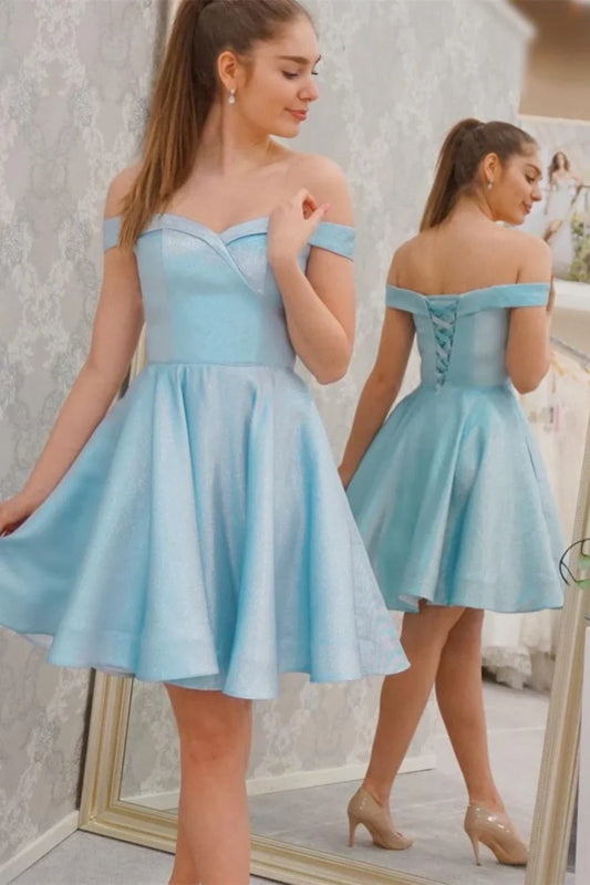 Dress Blue Off the Shoulder Short A-line Party Dress Sleeveless Lace Up Homecoming Dress