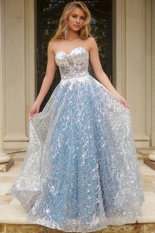 Dress Blue Sequin Ball Gown Strapless Beaded Bodice Sequin Covered Skirt And A Ball Gown Shape Prom Dress
