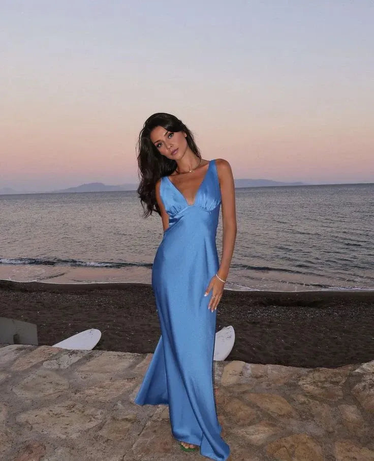 Dress Blue Simple Elegant V-neck Long Satin Ball Gown Evening Prom Dress