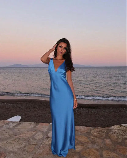 Dress Blue Simple Elegant V-neck Long Satin Ball Gown Evening Prom Dress
