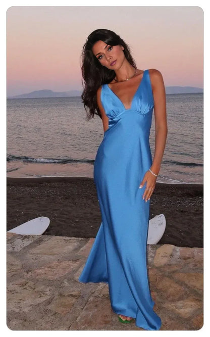 Dress Blue Simple Elegant V-neck Long Satin Ball Gown Evening Prom Dress