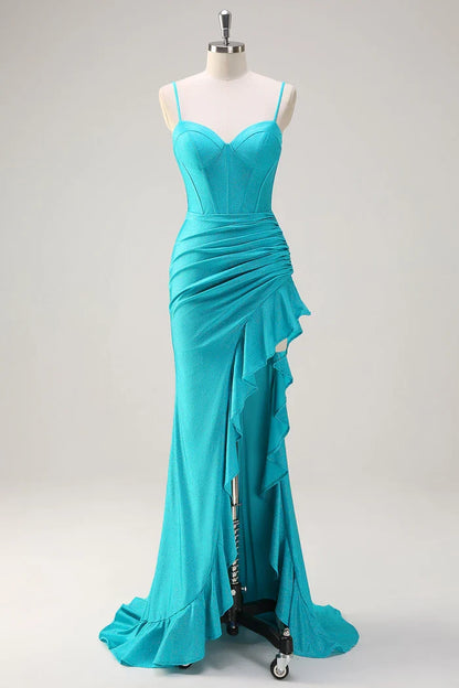 Dress Blue Spaghetti Straps Mermaid Beaded Corset Maxi Dress Prom Dress Ruffle Slit Sweep Brush Train Evening Dress