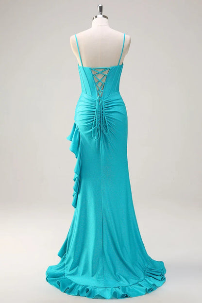 Dress Blue Spaghetti Straps Mermaid Beaded Corset Maxi Dress Prom Dress Ruffle Slit Sweep Brush Train Evening Dress