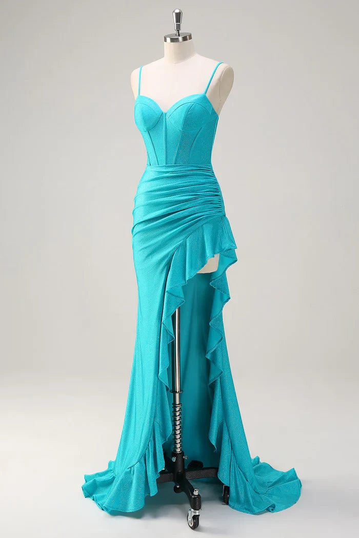 Dress Blue Spaghetti Straps Mermaid Beaded Corset Maxi Dress Prom Dress Ruffle Slit Sweep Brush Train Evening Dress