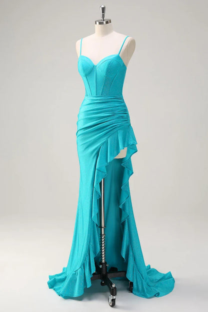 Dress Blue Spaghetti Straps Mermaid Beaded Corset Maxi Dress Prom Dress Ruffle Slit Sweep Brush Train Evening Dress