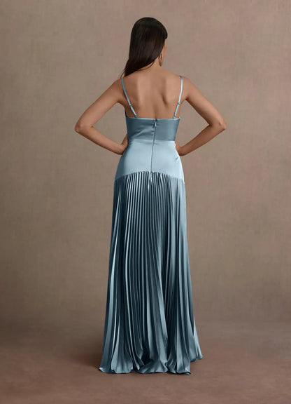 Dress Blue Spaghetti Straps V Neck Elegant Maxi Dress Prom Dress Sleeveless Backless Satin A-Line Evening Dress