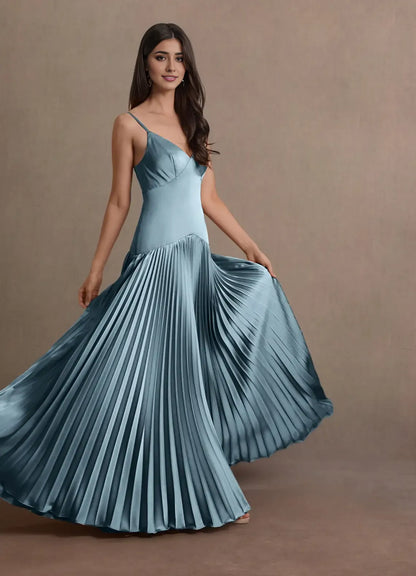 Dress Blue Spaghetti Straps V Neck Elegant Maxi Dress Prom Dress Sleeveless Backless Satin A-Line Evening Dress