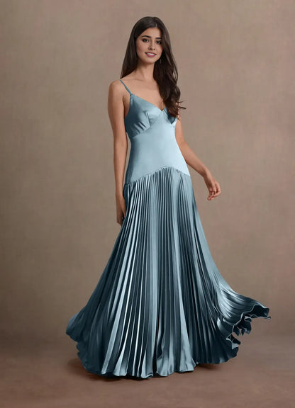 Dress Blue Spaghetti Straps V Neck Elegant Maxi Dress Prom Dress Sleeveless Backless Satin A-Line Evening Dress