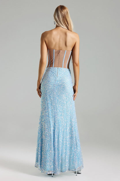 Dress Blue Strapless Sequin Dress for Women High Slit Evening Dress Stunning Cocktail Dress Prom Dress