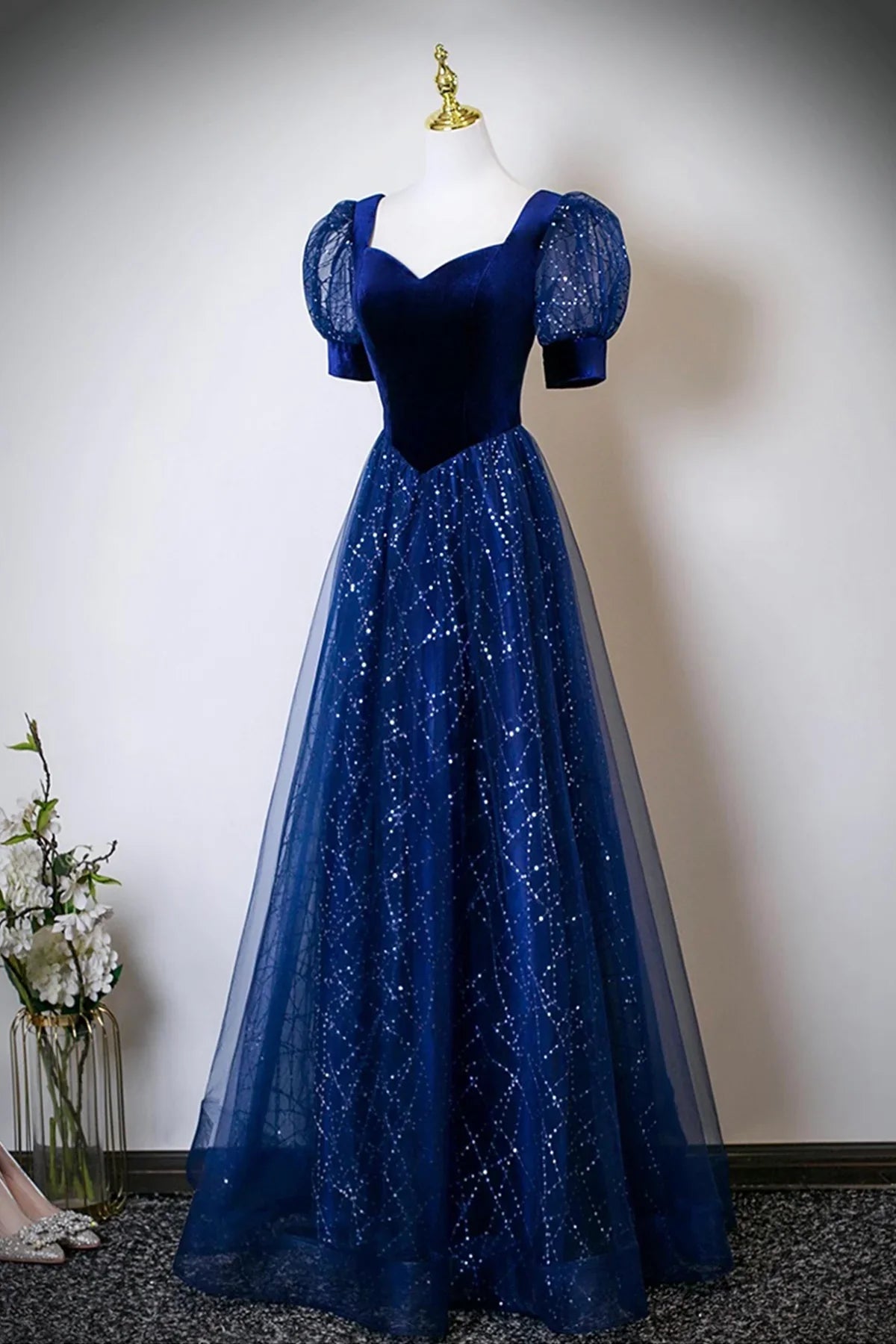 Dress Blue Velvet and Tulle Sequins Long Prom Dress Blue Evening Lace-up Party Dress
