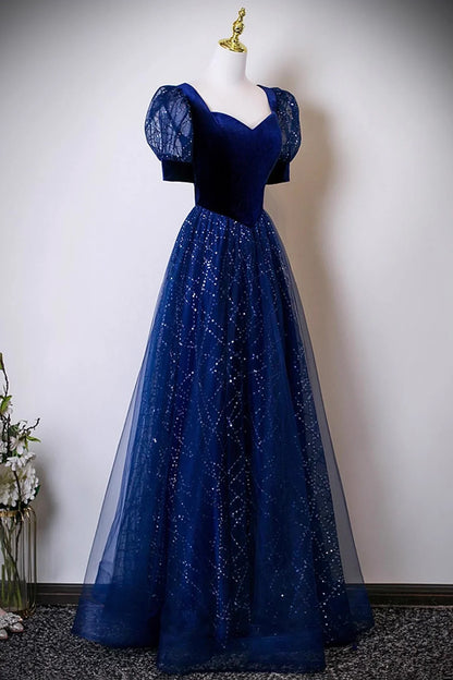 Dress Blue Velvet and Tulle Sequins Long Prom Dress Blue Evening Lace-up Party Dress