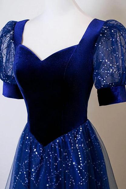 Dress Blue Velvet and Tulle Sequins Long Prom Dress Blue Evening Lace-up Party Dress