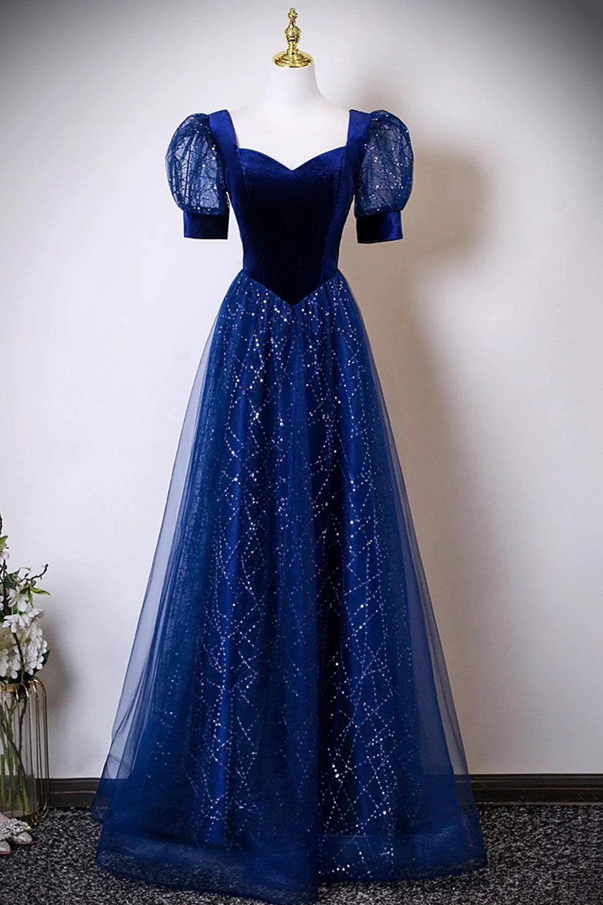 Dress Blue Velvet and Tulle Sequins Long Prom Dress Blue Evening Lace-up Party Dress