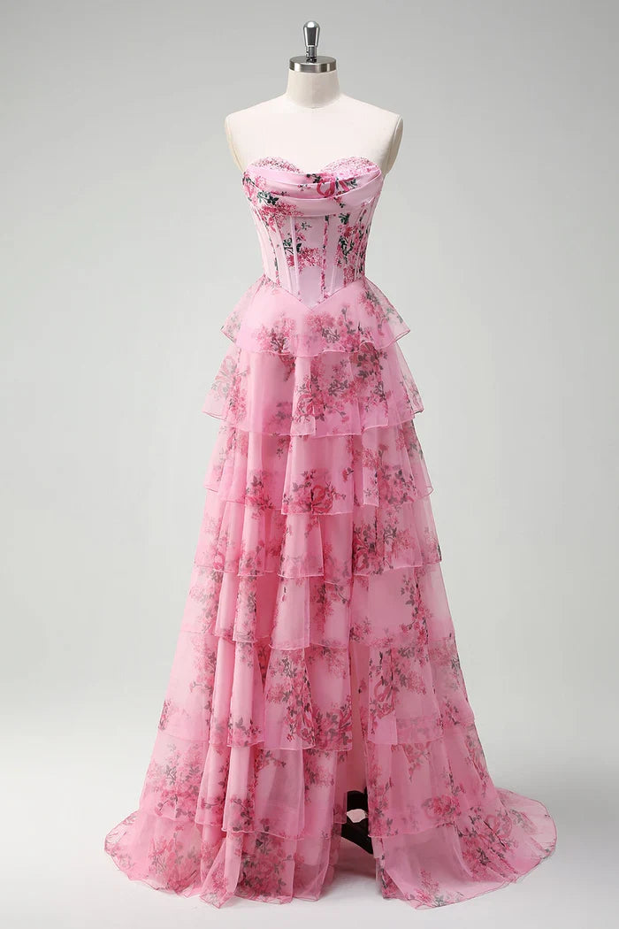Dress Blush Floral A Line Strapless Corset Tiered Maxi Dress Prom Dress Formal Dress With Backless Evening Dress