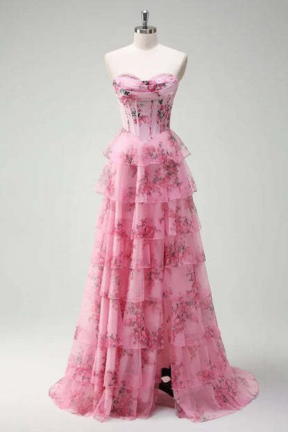 Dress Blush Floral A Line Strapless Corset Tiered Maxi Dress Prom Dress Formal Dress With Backless Evening Dress