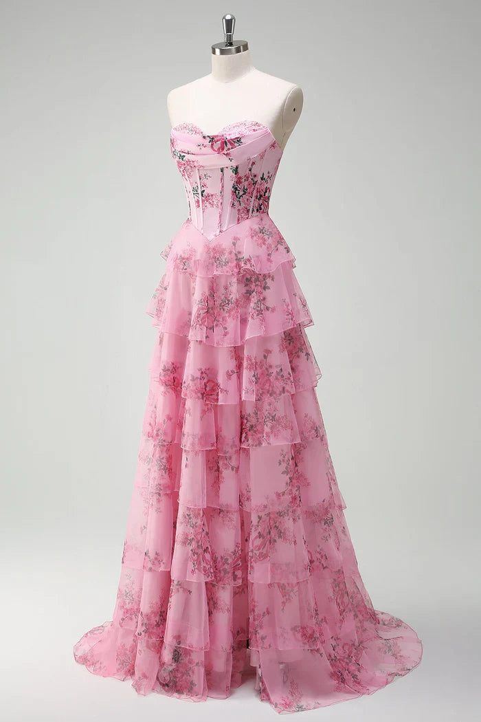 Dress Blush Floral A Line Strapless Corset Tiered Maxi Dress Prom Dress Formal Dress With Backless Evening Dress