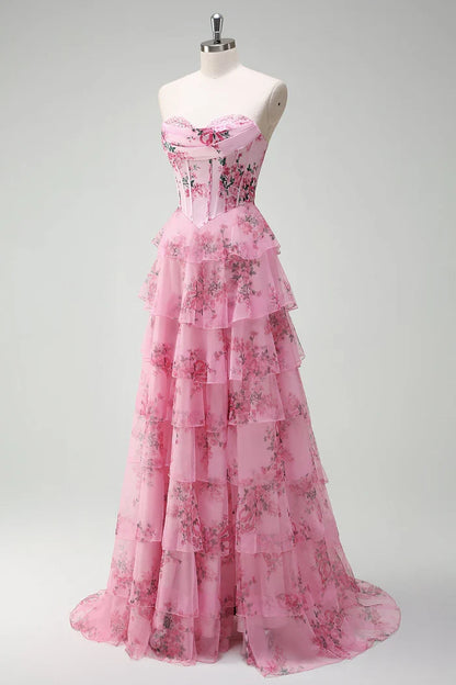 Dress Blush Floral A Line Strapless Corset Tiered Maxi Dress Prom Dress Formal Dress With Backless Evening Dress
