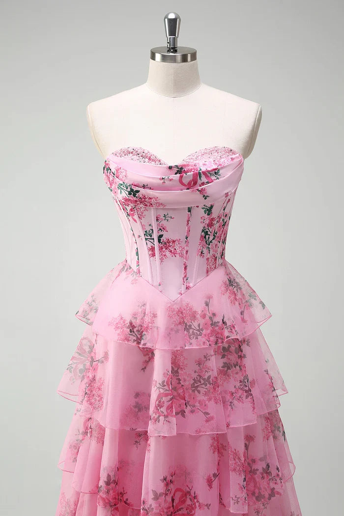 Dress Blush Floral A Line Strapless Corset Tiered Maxi Dress Prom Dress Formal Dress With Backless Evening Dress