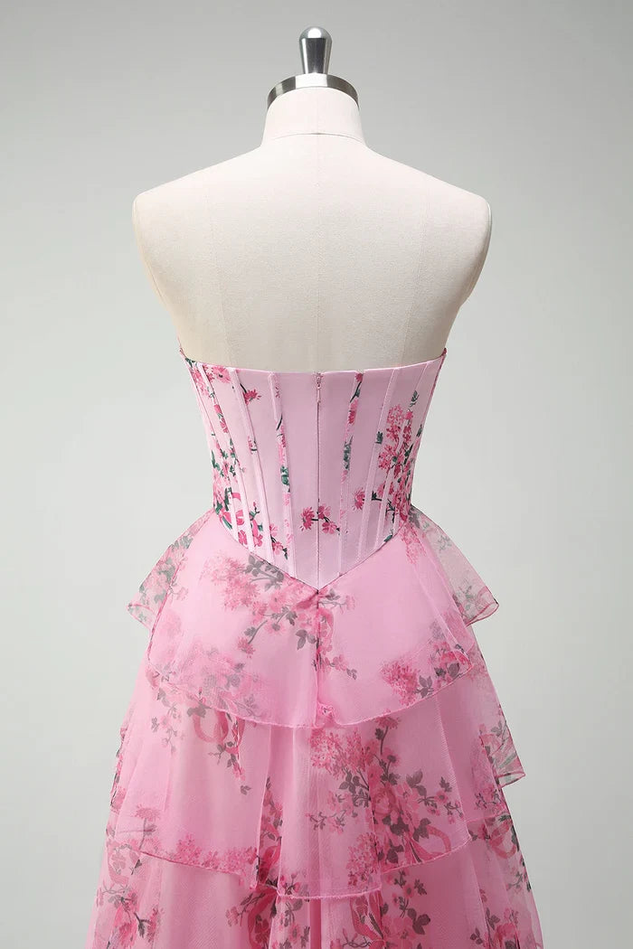 Dress Blush Floral A Line Strapless Corset Tiered Maxi Dress Prom Dress Formal Dress With Backless Evening Dress