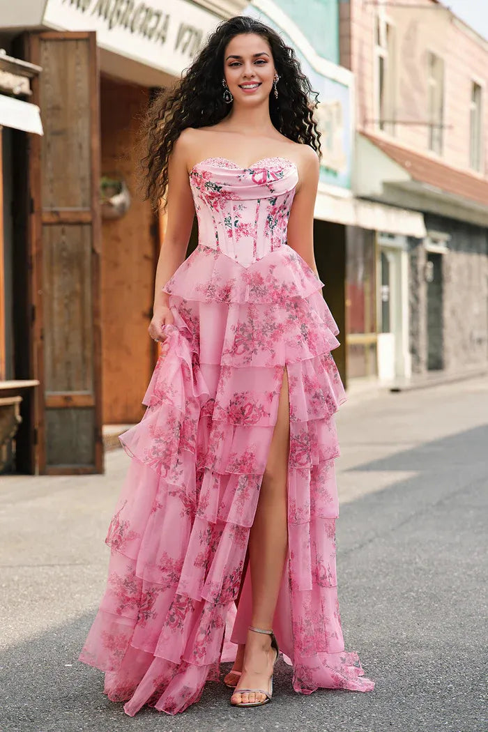 Dress Blush Floral A Line Strapless Corset Tiered Maxi Dress Prom Dress Formal Dress With Backless Evening Dress